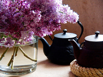 You prefer tea or coffee..., black, tea, kettle, afternoon, arrangement, purple, violet, flower, coffee, crystal vase, pleasant, lovely, lilac HD wallpaper