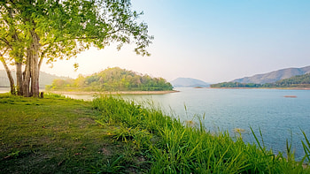 COUNTRYSIDE LANDSCAPE with MOUNTAIN and SWAMP in SUMMER, summer, landscape, nature, splendor, sunrise, lake HD wallpaper