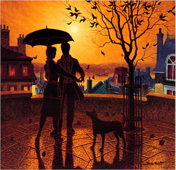 By Denis Nolet, dog, umbrella, art, denis nolet, people, painting, love, couple, sunset HD wallpaper
