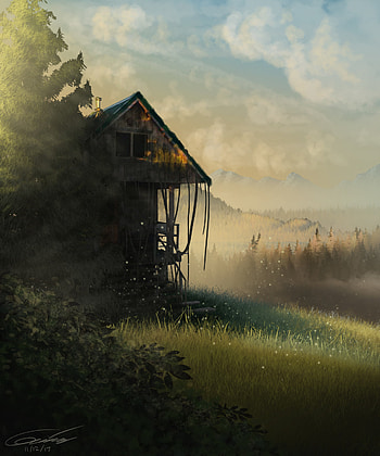Grass, Art, Forest, Hut HD phone wallpaper