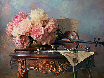 Still life, Violin, Flowers, Notes, Table HD wallpaper