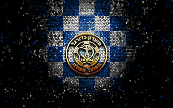 Hapoel Afula FC, glitter logo, Leumit League, blue white checkered background, soccer, Israeli football club, Hapoel Afula logo, mosaic art, football, Hapoel Afula HD wallpaper