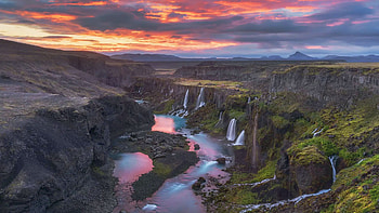 Sigoeldugljufur Canyon, Iceland, river, clouds, waterfall, sky, mountains, rocks, sunset HD wallpaper