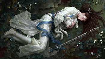 Dream, frumusete, kimono, white, sword, art, man, vulpe, ahri, fox, fantasy, luminos, buchuo liu, nine tails, sleep HD wallpaper