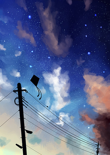 Sky, Art, Night, Clouds, Wire, Wires, Kite HD phone wallpaper