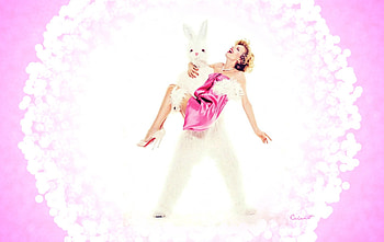 Eva Herzigova, bokeh, toy, white, by cehenot, model, shoes, smile, girl, woman, stilettos, bunny, pink, happy HD wallpaper