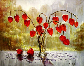 Physalis, still life, bouquet, rain, vase, water HD wallpaper