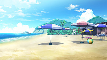 Beach, umbrella, sand, beauty, scenery, 3d, cg, scenic, , water, ocean, cloud, hill, sea, scene, house, landscape, beautiful, mountain, anime, nature, sky, realistic HD wallpaper