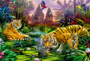 Tigers, painting, bird, art, tiger, pictura, tigru, water, parrot HD wallpaper