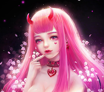 Demoness, frumusete, horns, lily in the valley, girl, demon, pink, fantasy, flower, valley, darling in the franxxx, face, milkyu dong, luminos, heart HD wallpaper