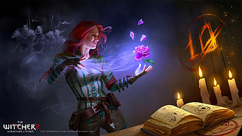 Triss, art, katerina ladon, girl, the witcher, witch, dark, purple, rose, fantasy, magical, redhead HD wallpaper