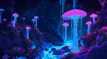 Enchanted Bioluminescent Mushroom Cave, fantasy, cave, mushroom, bioluminescence, glowing mushroom HD wallpaper