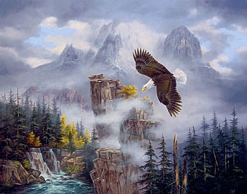 Mountain Flight, clouds, trees, eagle, mountain HD wallpaper