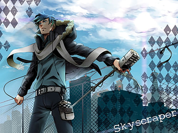 KAITO, micro stand, blue eyes, text, blue hair, vintage micro, cityscape, vocaloid, wind, anime, short hair, scarf, micro HD wallpaper