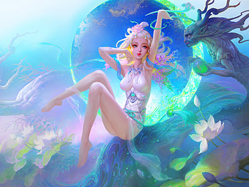 White lotus, blue, frumusete, art k, artk, gorgeous, cute, xiaok, girl, superb, moon, fantasy, flower, green, luna, minos, luminos HD wallpaper