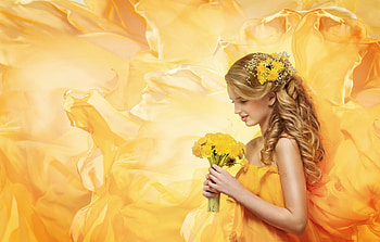 Pretty blond girl, yellow, female, woman, blond, pretty, flower HD wallpaper