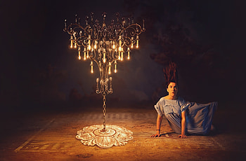 :), chandelier, model, situation, girl, dark, woman, little, creative, fantasy, light, funny, marina gondra HD wallpaper
