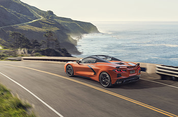 On-road, orange car, Chevrolet Corvette C8 HD wallpaper