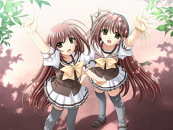 Happy Twins, shadow, uniform, cute, school uniform, long hair, nice, brown, happy, female, brown eyes, sexy, skirt, sweet, ribbon, twins, hot, brow hair, girl, anime girl, anime, pretty, shades, lovely HD wallpaper