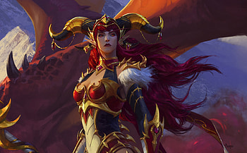 Dragon girl, blue, bayard wu, art, fantasy, red, alextrasza, dragon, girl HD wallpaper