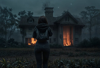The burning house, dark, abandoned, post apocalyptic, woman, Melancholic HD wallpaper