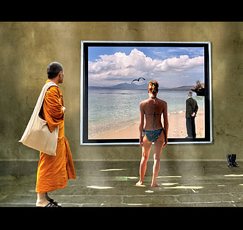 Who is dreaming, monk, bikini, wall, art HD wallpaper