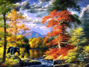 Walk in the Woods, bears, woods, attractions in dreams, colors, forests, paintings, love four seasons, trees, autumn, nature, mountains, fall season, rivers HD wallpaper