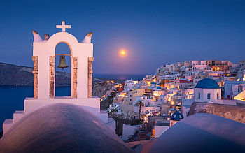 Santorini at Moonlight, bell, island, night, Santorini, Greece, Moon, church HD wallpaper
