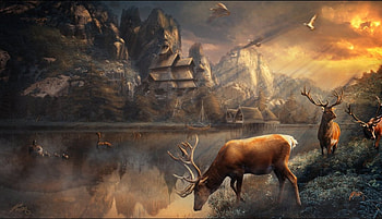 Sanctuary, sky, deers, abstract, art HD wallpaper