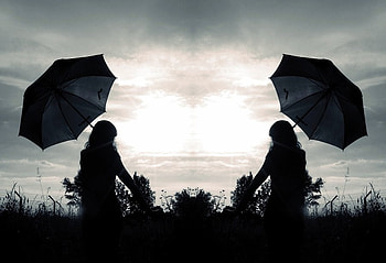 Sun Heart, umbrellas, black and white, women, sky, heart, lake HD wallpaper