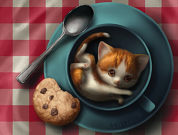 Kitten in the cup, blue, kitten, cookie, cute, dessert, spoon, sweet, merkerinn, frumusete, art, gorgeous, cat, cup, food, superb, pisica, pisici, fantasy, red HD wallpaper