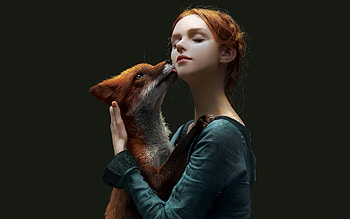 Girl with Fox, animal, redhead, girl, fox HD wallpaper