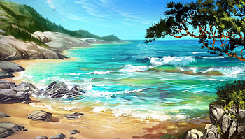 Trees, Art, Sea, Rocks, Surf HD wallpaper