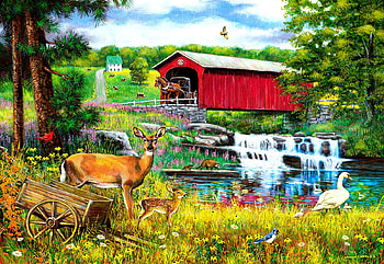 Crossing the Falls, river, covered, horse, house, artwork, coach, painting, deer, bridge, trees, flowers HD wallpaper