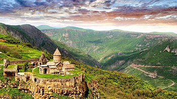 temple fortress in the mountains r, temple, clouds, wall, r, fortress, mountains HD wallpaper
