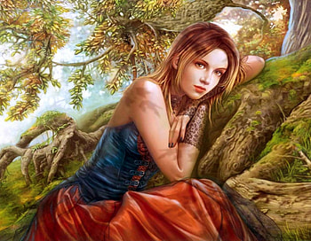 ~Storyteller in Forest~, beautiful girls, digital art, lady, drawings, lips, eyes, weird things people wear, forests, paintings, people, creative pre-made, love four seasons, storyteller, face, softness beauty, models, girls, hair HD wallpaper
