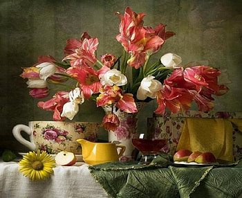 still life with tulips, still life, nature, flowers, tulips HD wallpaper