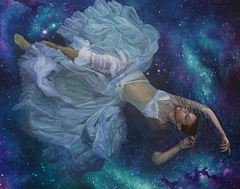 Reflection, blue, white, frumusete, art, alessandra pisano, girl, stars, dress, fantasy, sky, luminos HD wallpaper