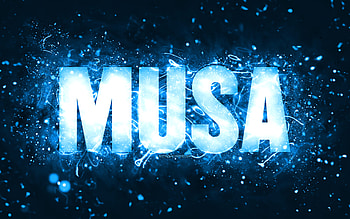 Happy Birtay Musa, , blue neon lights, Musa name, creative, Musa Happy Birtay, Musa Birtay, popular american male names, with Musa name, Musa HD wallpaper