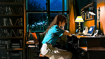 Anime Girl Sitting At Desk, anime-girl, anime, artist, artwork, digital-art, deviantart HD wallpaper