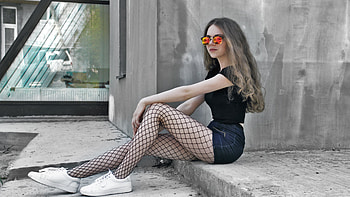 Girl Model Is Sitting In Cement Wall Background Wearing Black Top And Blue Shorts Girls HD wallpaper