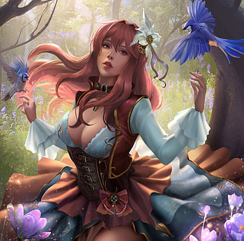 Fantasy girl, forest, bird, yiian x, fantasy, redhead, girl HD wallpaper