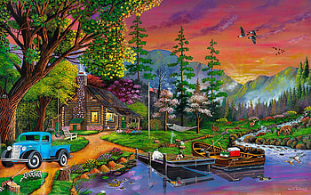 Paradise Sunset, boat, car, trees, pier, hammock, mountains, cabin HD wallpaper