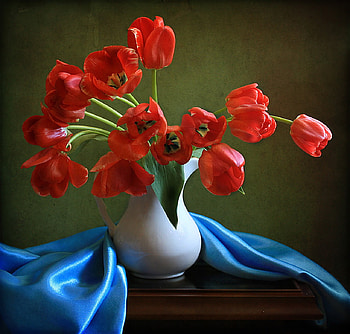 still life, blue, bouquet, tulip, graphy, kettle, tulips, beauty, nice, delicate, flower, , elegantly, beautiful, silk, satin, pretty, red, cool, flowers, scarf, lovely, harmony HD wallpaper