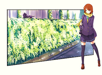 Passing By, hedge, anime, trees, uniform, cat, scarf, tennage girl HD wallpaper