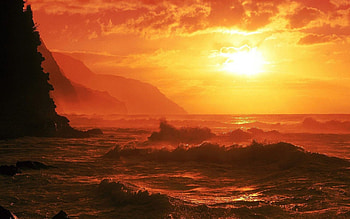 Sunrise, waves, red sky, ocean HD wallpaper