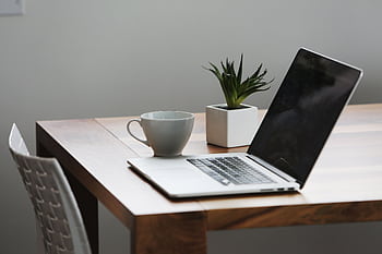 Cozy and modern workspace featuring a laptop, coffee mug, and a plant on a wooden desk. HD wallpaper