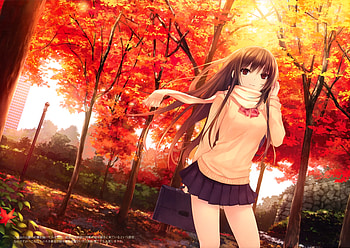 anime XD, red eyes, school uniform, long hair, nice, looking at viewer, high res, original, sweater, skirt, school bag, girl, black hair, tree, kawaii, anime, leaf, solo HD wallpaper