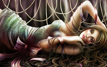 Soft Beauty, lying, beads, ribbon, soft, face, girl, hair, beauty HD wallpaper