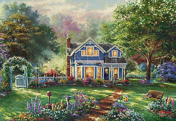 Springtime Memories, artwork, painting, house, trees, garden, gazebo, flowers HD wallpaper